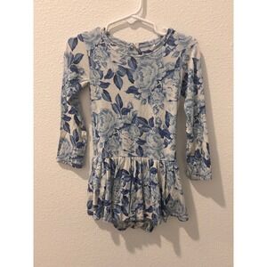 Bums & Roses Blue Floral Bamboo Skirted Romper Long Sleeve 2T